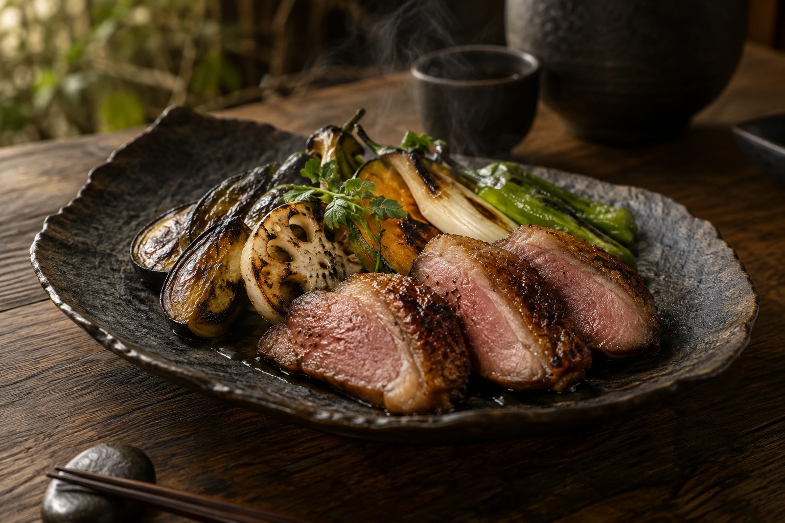 炭火で焼いた鴨肉と季節の野菜を、落ち着いた色合いの器に盛り付けた一皿