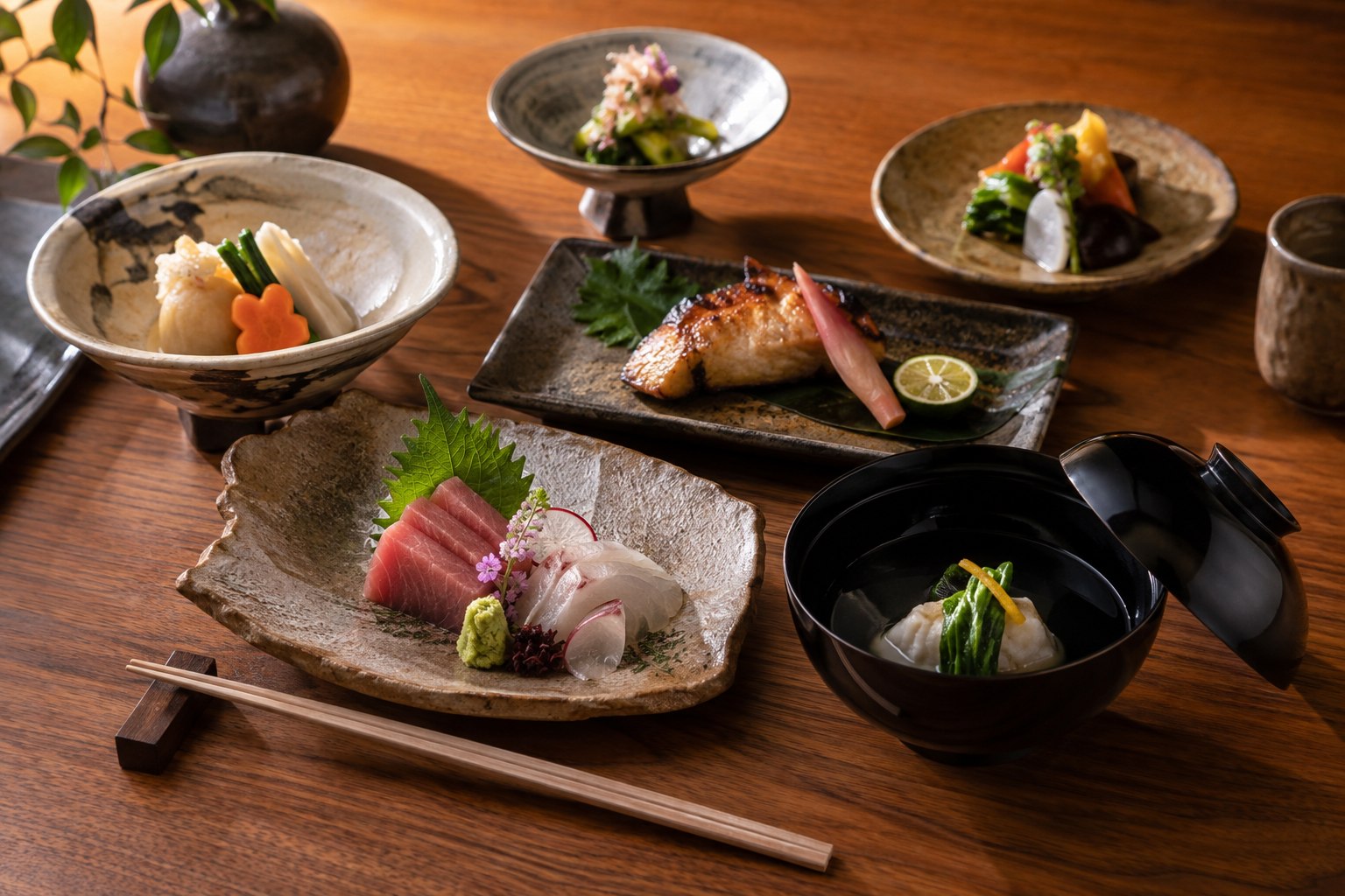 季節の小鉢や炭火料理を組み合わせたコース料理のイメージ